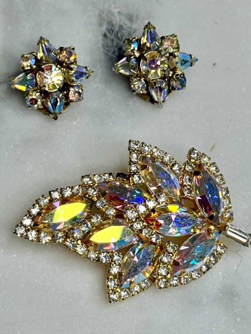 WEISS 2-PC Vintage AB Crystal Rhinestone Brooch Pin & Costume Clip Earring